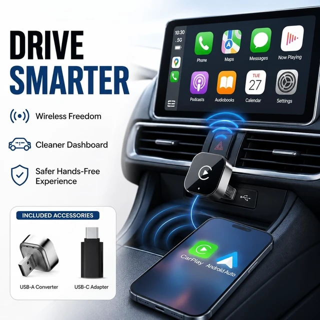 Alt view image 3 of 5 - ORLENTIS Wireless CarPlay Adapter, 2-in-1 Wired to Wireless CarPlay and Android Auto, Plug and Play, Fast Auto Reconnect, Mini Dongle with USB-A to USB-C Adapter