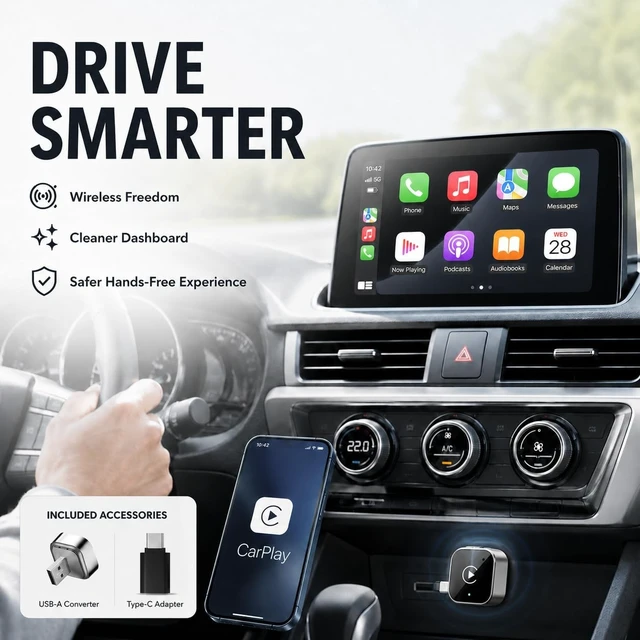 Alt view image 5 of 5 - ORLENTIS Wireless CarPlay Adapter, 2-in-1 Wired to Wireless CarPlay and Android Auto, Plug and Play, Fast Auto Reconnect, Mini Dongle with USB-A to USB-C Adapter