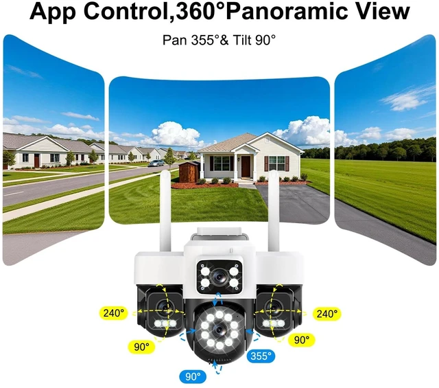 Alt view image 3 of 5 - 4K 12MP Solar Security Cameras Wireless Outdoor, Four Lens & 360 PTZ Linkage Camera with Solar Panel, 24/7 AOV Recording, Auto Motion Tracking, Color Night Vision, 2.4G/5G WiFi, IP66 Waterproof