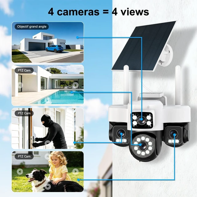 Alt view image 2 of 5 - 4K 12MP Solar Security Cameras Wireless Outdoor, Four Lens & 360 PTZ Linkage Camera with Solar Panel, 24/7 AOV Recording, Auto Motion Tracking, Color Night Vision, 2.4G/5G WiFi, IP66 Waterproof