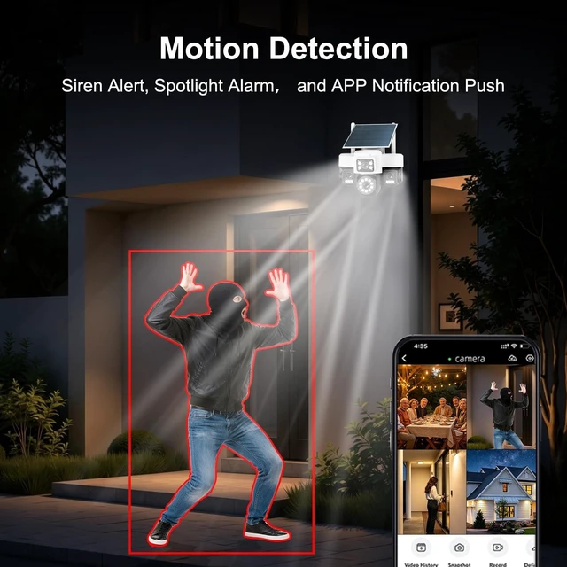 Alt view image 4 of 5 - 4K 12MP Solar Security Cameras Wireless Outdoor, Four Lens & 360 PTZ Linkage Camera with Solar Panel, 24/7 AOV Recording, Auto Motion Tracking, Color Night Vision, 2.4G/5G WiFi, IP66 Waterproof