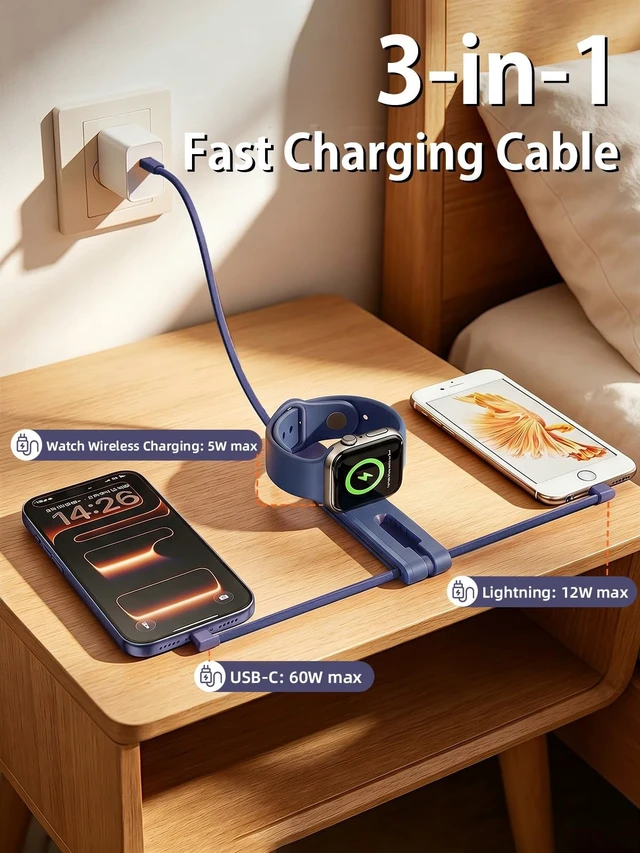 Alt view image 3 of 5 - Drayromn 3 in 1 Charging Cable for Travel Essentials, 60W USB C to Type C Cable with 12W Lightning & 5W Apple Watch Wireless Magnetic Charger,Portable Fast Charging Cord for iPhone 17 16 Sam