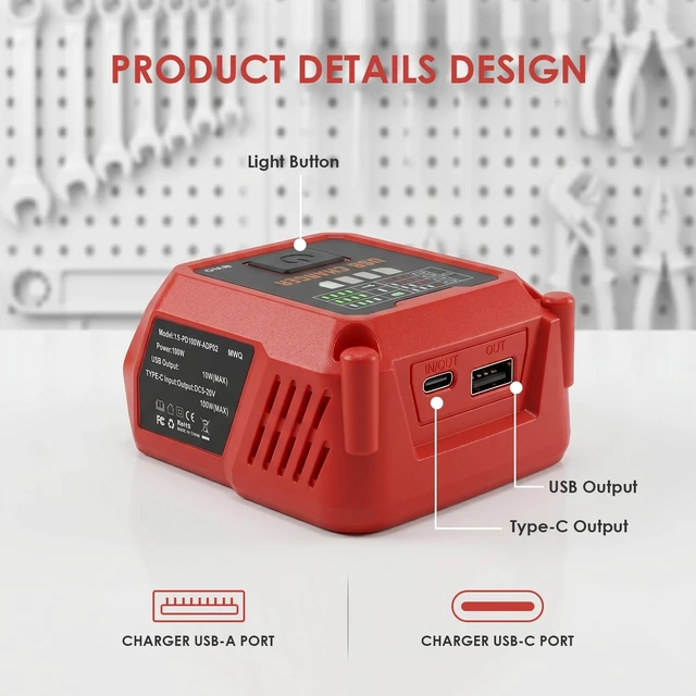 Alt view image 2 of 5 - Choerinton Battery Charger Compatible with Milwaukee M18 18V Battery, 100W Battery Adapter Converter with USB Charger Type-C Port forElectronic Device, Work RV Camping Travel (Tool Only)