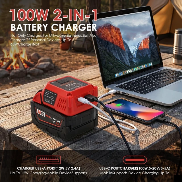 Alt view image 3 of 5 - Choerinton Battery Charger Compatible with Milwaukee M18 18V Battery, 100W Battery Adapter Converter with USB Charger Type-C Port forElectronic Device, Work RV Camping Travel (Tool Only)