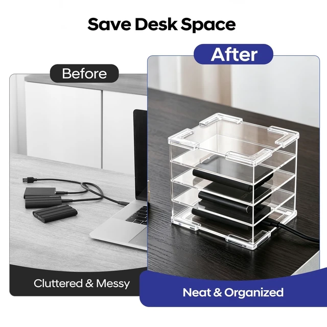 Alt view image 3 of 5 - Acrylic External Hard Drive Organizer, 4-Bay Desktop Holder for HDD & SSD, Clear Portable Drive Storage