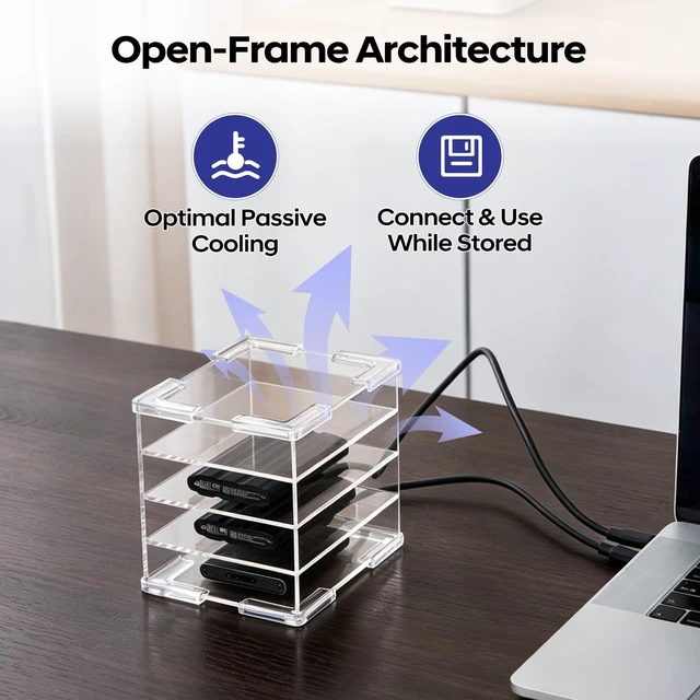 Alt view image 4 of 5 - Acrylic External Hard Drive Organizer, 4-Bay Desktop Holder for HDD & SSD, Clear Portable Drive Storage