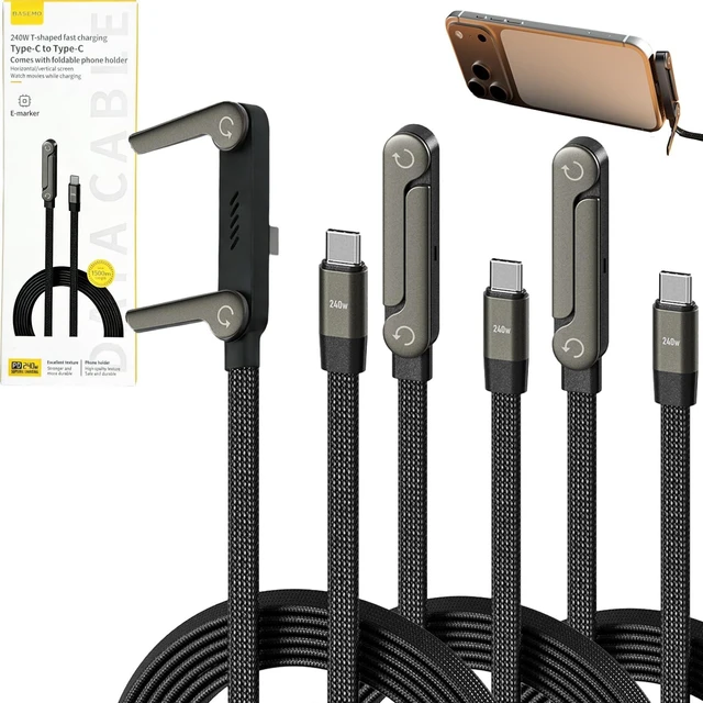 Main image of Flat Phone Charger Cable with Adjustable Phone Stand, 90 Right Angle 240W Fast Charging Cord, Braided PD 3.1 Charger Cable for iPhone 15, Samsung Galaxy, iPad, MacBook, Steam Deck (3 Pcs)