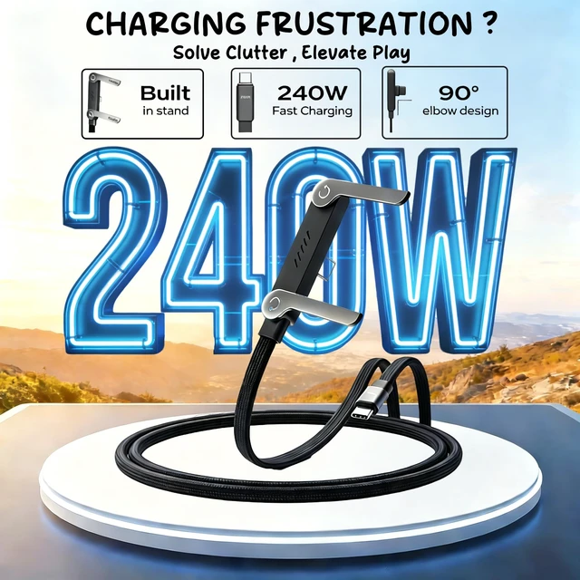 Alt view image 2 of 5 - Flat Phone Charger Cable with Adjustable Phone Stand, 90 Right Angle 240W Fast Charging Cord, Braided PD 3.1 Charger Cable for iPhone 15, Samsung Galaxy, iPad, MacBook, Steam Deck (3 Pcs)