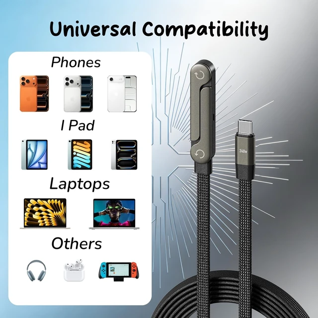 Alt view image 5 of 5 - Flat Phone Charger Cable with Adjustable Phone Stand, 90 Right Angle 240W Fast Charging Cord, Braided PD 3.1 Charger Cable for iPhone 15, Samsung Galaxy, iPad, MacBook, Steam Deck (3 Pcs)