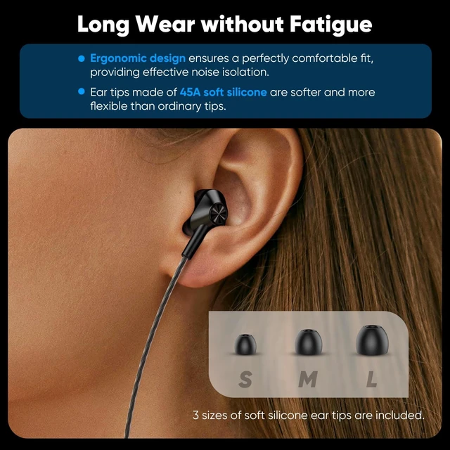 Alt view image 5 of 5 - USB-C Wired In-Ear Earbuds with Mic, Dual Driver for Hi-Fi Stereo Sound