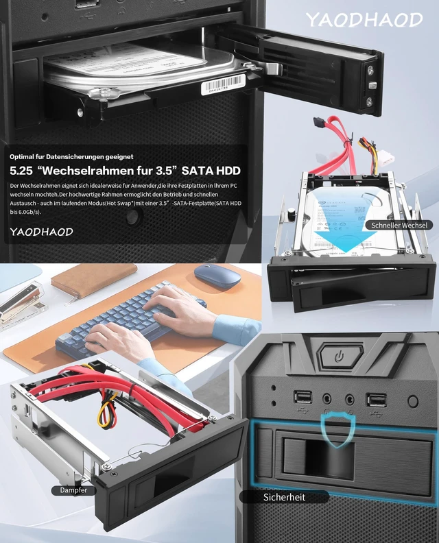 Alt view image 3 of 5 - YAODHAOD 3.5 Inch Mobile Rack SATA Mobile Rack, HDD Hard Drive Tray for 5.25 Inch Drive Bay, SATA I/II/III up to 6.0 Gbps, Hot-Swap, Anti-Vibration Kit