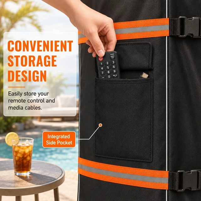 Alt view image 4 of 5 - Outdoor TV Trolley Cover for 70-75 Inch Screen, Heavy Duty 600D Waterproof Rolling TV Stand Cover, Weatherproof Mobile TV Cart on Wheels Protector with Remote Pocket, Black 70"x15"x57"