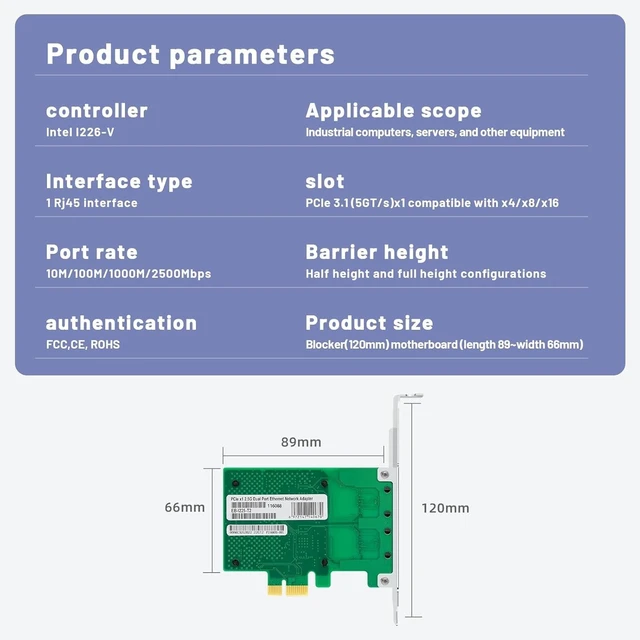 Alt view image 5 of 5 - Lidkew Network Card with Intel I226-V Chip Dual Ports,2.5G PCIE X1 Server Network Adapter LAN NIC Card 2 RJ45 Ports Ethernet Adapter Support Windows 11/10 Windows Server/2022