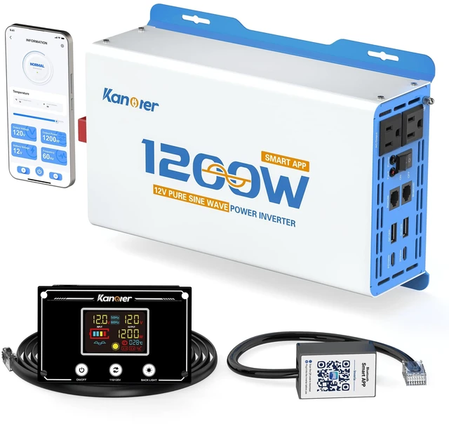 Main image of 1200W Pure Sine Wave Inverter 12V DC to 110V/120V AC with 2 AC Outlets-PD100W+30W Type-C Fast Charging-2 QC3.0 USB and Bluetooth APP Control-Remote Controller for RV Truck Off-Grid Solar Home Backup