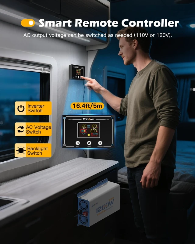 Alt view image 5 of 5 - 1200W Pure Sine Wave Inverter 12V DC to 110V/120V AC with 2 AC Outlets-PD100W+30W Type-C Fast Charging-2 QC3.0 USB and Bluetooth APP Control-Remote Controller for RV Truck Off-Grid Solar Home Backup