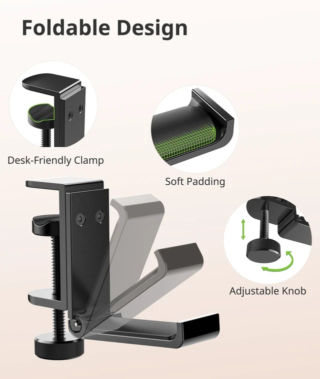 Alt view image 3 of 5 - Kimiangel 2 Pack Headphone Stand Under Desk, Foldable Aluminum Headset Holder with Adjustable Screw Clamp, Headphone Hook Mount for Gaming Accessories, Space-Saving Under Table Headset Hanger