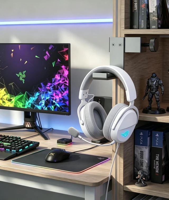 Alt view image 4 of 5 - Kimiangel 2 Pack Headphone Stand Under Desk, Foldable Aluminum Headset Holder with Adjustable Screw Clamp, Headphone Hook Mount for Gaming Accessories, Space-Saving Under Table Headset Hanger
