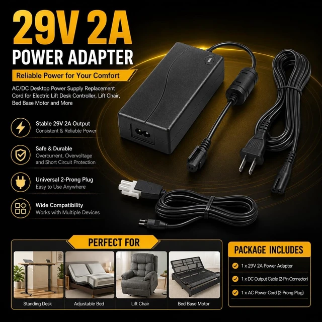 Alt view image 5 of 5 - Class 2 Power Supply for Adjustable Bed, 29V Replacement Power Adapter with 2 Pin Power Cord, Adjustable Bed Base Replacement Parts Compatible with OKIN, Serta, Tempur Pedic Smart Bed