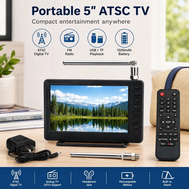 Alt view image 2 of 5 - Yoidesu Portable TV 5" ATSC, Mini Digital TV with FM Radio for Car Camping
