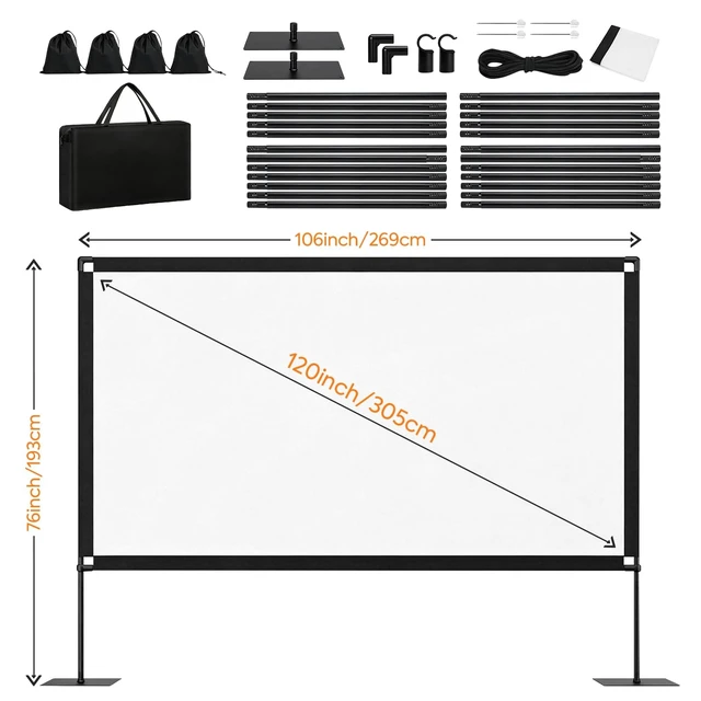 Alt view image 5 of 5 - 120inch Outdoor Projector Screen with Stand, 16:9 4K HD Portable Wrinkle-Free Projection Screen, Front/Rear Indoor Outdoor Movie Screen with Carry Bag for Home Theater, Backyard and Camping
