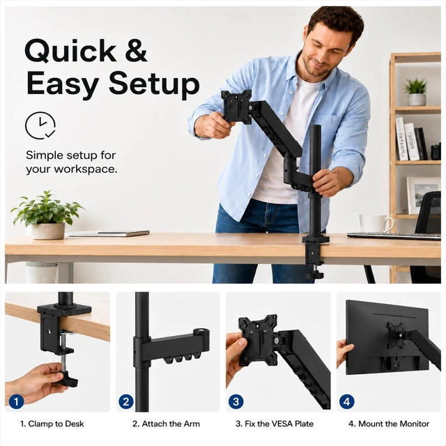 Alt view image 5 of 5 - Pivotix Long Reach Monitor Arm, Single Arm Monitor Mount, 17-32 Inch, VESA