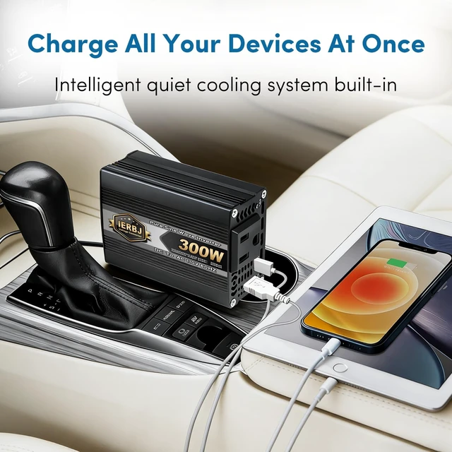 Alt view image 2 of 5 - IERBJ 300W Car Power Inverter, DC 12V to AC 110V, Car Plug Adapter Outlet Converter with USB Charging Ports,Type-C Ports,with Cigarette Lighter Socket for Laptop