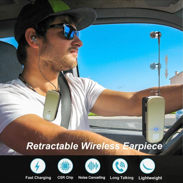 Alt view image 2 of 5 - FashionLive Retractable Wireless Headset Headphone Stereo Earphone V5.0 Noise Cancelling Mic Clip on Earpiece Comfortable HandsFree Headset 20Hrs Talking Time Sports Business Trucker Driver Ear