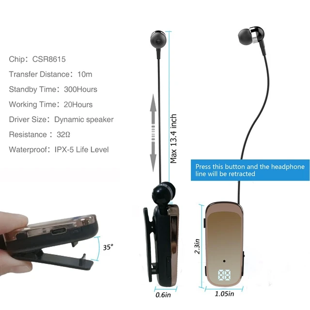 Alt view image 5 of 5 - FashionLive Retractable Wireless Headset Headphone Stereo Earphone V5.0 Noise Cancelling Mic Clip on Earpiece Comfortable HandsFree Headset 20Hrs Talking Time Sports Business Trucker Driver Ear