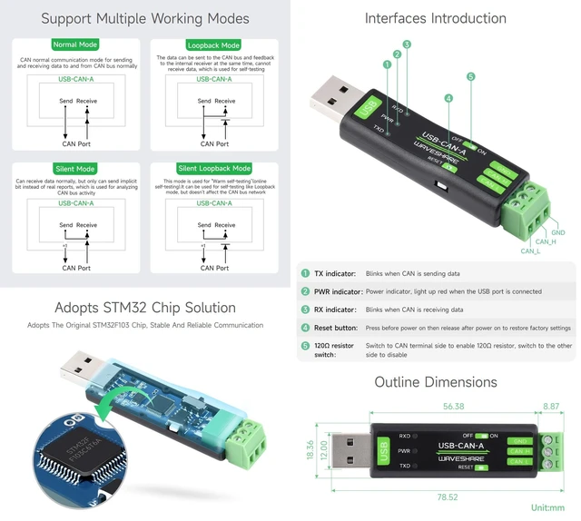 Alt view image 4 of 5 - AmpOhm360 Waveshare USB to CAN Adapter STM32 Development Board for IoT Sensor Data Acquisition and PC Monitoring SKU-23635
