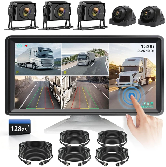 Main image of 5-Channel Wired Cameras Backup Camera 10.36" HD Monitor Touch Screen with 128GB DVR Recording, IP69 Waterproof Truck Trailer Tractor Rear Side Front