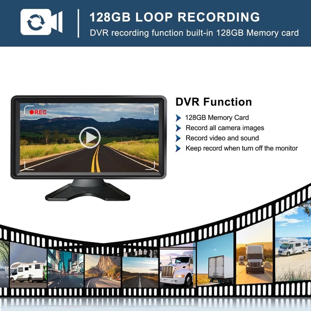 Alt view image 4 of 5 - 5-Channel Wired Cameras Backup Camera 10.36" HD Monitor Touch Screen with 128GB DVR Recording, IP69 Waterproof Truck Trailer Tractor Rear Side Front