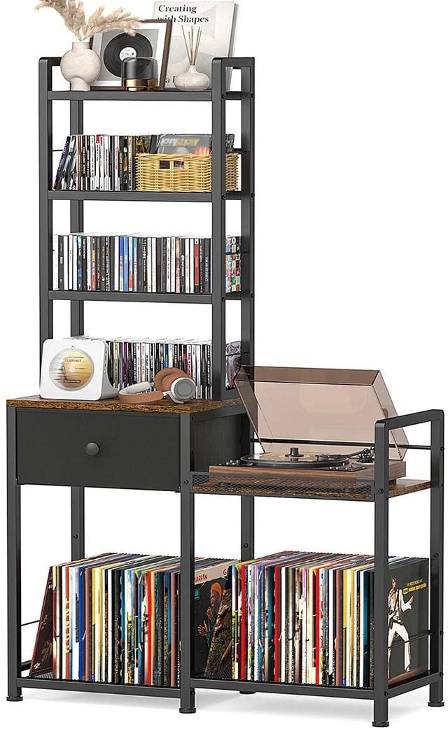 Main image of ikkle CD Rack with Drawer, 7-Tier DVD Organizer Shelf with Vinyl Storage