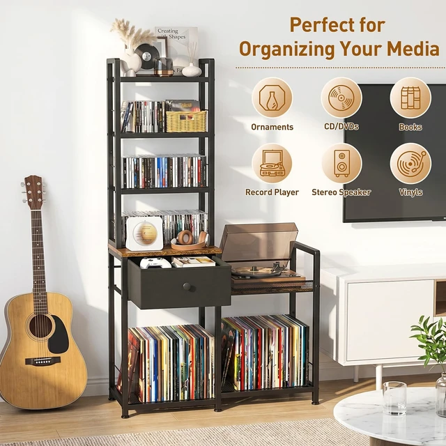 Alt view image 3 of 5 - ikkle CD Rack with Drawer, 7-Tier DVD Organizer Shelf with Vinyl Storage