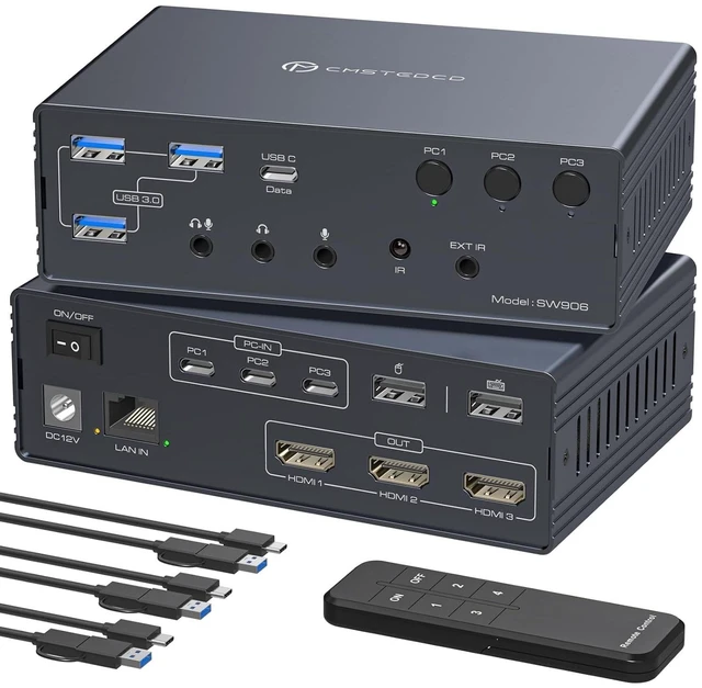 Main image of Thunderbolt 4 KVM Switch Docking Station for 3 Monitors 3 Laptops or Macbooks Triple 4K@60Hz HDMI Display with DisplayLink Allows 3 Computers to Share 1G Ethernet, Audio & USB-A/C Ports