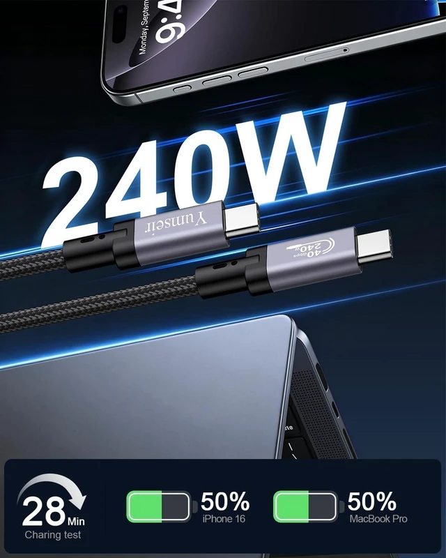 Alt view image 5 of 5 - Yumseir USB 4 for Thunderbolt 4 Cable 10FT, 40Gbps Bandwidth USB C Cable, 240W Charging, 8K/6K@60Hz, Compatible with Thunderbolt 4/3, USB C Monitors, Hubs, Docks, MacBook, iPhone 17/16
