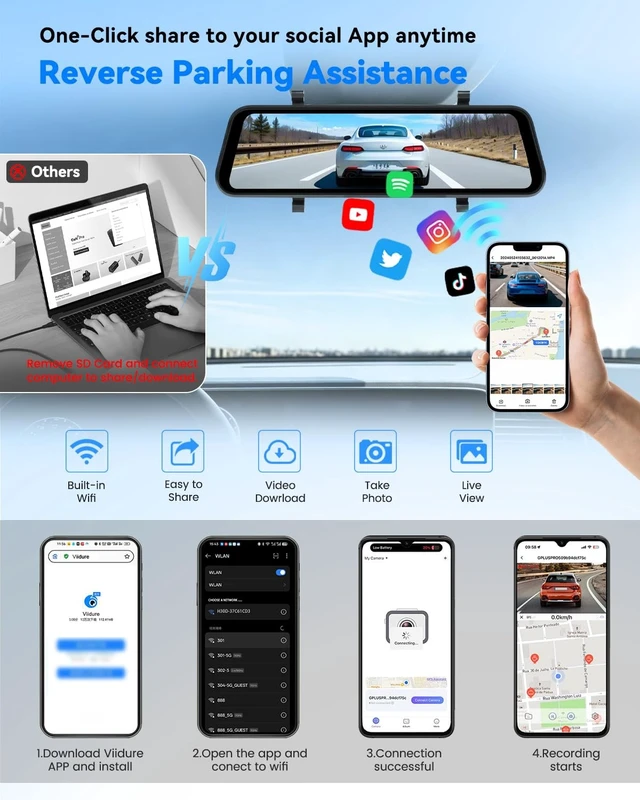 Alt view image 3 of 5 - Koravolo 4K Rear View Mirror Camera, Dash Cam with 64GB Card WiFi