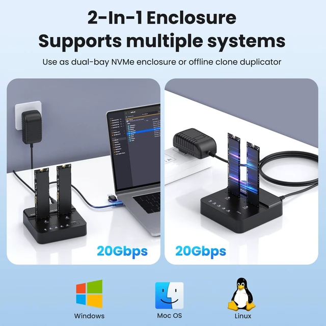 Alt view image 3 of 5 - Dual Bay NVMe M.2 SSD Docking Station, USB 3.2 Gen2x2 20Gbps Offline Clone Duplicator, External SSD Enclosure for NVMe M Key B&M Key,Support 2230 2242 2260 2280 22110 SSDs