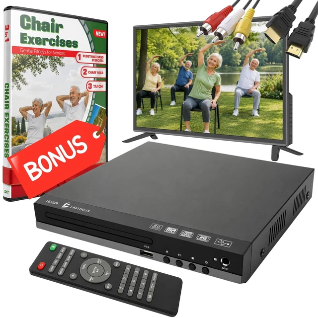 Main image of DVD Player for TV with HDMI Port 1080P, Region Free DVD Player with USB Input, Remote Control, HDMI & RCA Cables Included, Includes Bonus Chair Exercise DVD & Resistance Band