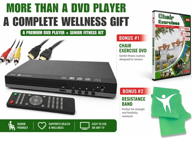 Alt view image 2 of 5 - DVD Player for TV with HDMI Port 1080P, Region Free DVD Player with USB Input, Remote Control, HDMI & RCA Cables Included, Includes Bonus Chair Exercise DVD & Resistance Band