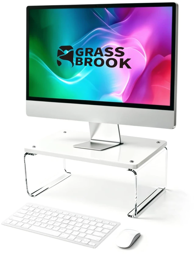 Main image of GRASS BROOK Acrylic Monitor Stand Riser L14" x H5" ^^ Multi-Purpose Desk Organizer for Monitor & Laptop, Compatible with PC, Apple Studio Display and Printer, Ideal for Home Workspaces & Office Desks