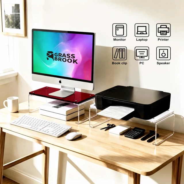 Alt view image 4 of 5 - GRASS BROOK Acrylic Monitor Stand Riser L14" x H5" ^^ Multi-Purpose Desk Organizer for Monitor & Laptop, Compatible with PC, Apple Studio Display and Printer, Ideal for Home Workspaces & Office Desks
