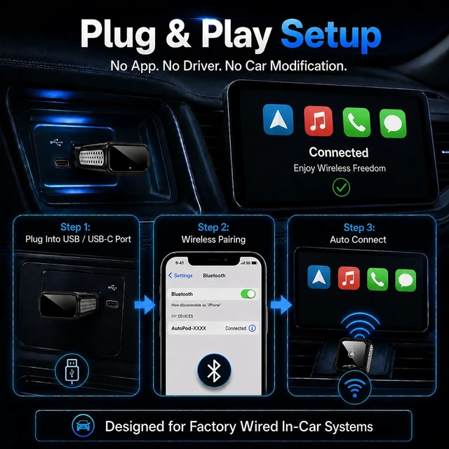 Alt view image 3 of 5 - Wireless Carplay Adapter for Android Auto and Apple Car Accessories Bluetooth Audio Video Dongle Linker USB with iPhone 2026 TV Watch 2 in 1 Compact Mini Smart Type C Connect Hidden