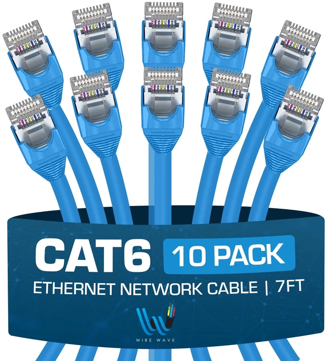 Main image of WIRE WAVE Cat6 Ethernet Cable (10-Pack - 7 Feet - Blue) - High Speed 24AWG Bump Boot, Cat6 RJ45 Internet LAN Patch, Network Cable. Computer Cord, Gaming
