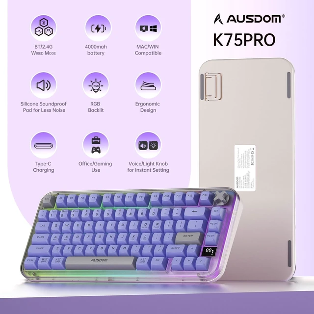 Alt view image 2 of 5 - AUSDOM K75pro Wireless Gaming Creamy Keyboard, Tri-Mode BT/2.4G/USB-C Computer Keyboard, RGB Backlit Media Knob Creamy Keyboard, Purple