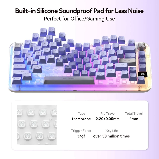 Alt view image 3 of 5 - AUSDOM K75pro Wireless Gaming Creamy Keyboard, Tri-Mode BT/2.4G/USB-C Computer Keyboard, RGB Backlit Media Knob Creamy Keyboard, Purple