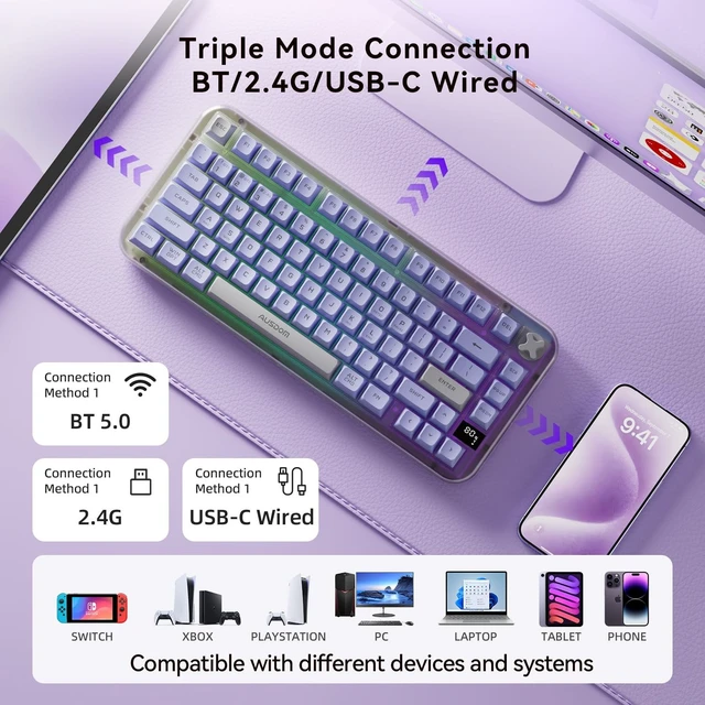 Alt view image 5 of 5 - AUSDOM K75pro Wireless Gaming Creamy Keyboard, Tri-Mode BT/2.4G/USB-C Computer Keyboard, RGB Backlit Media Knob Creamy Keyboard, Purple