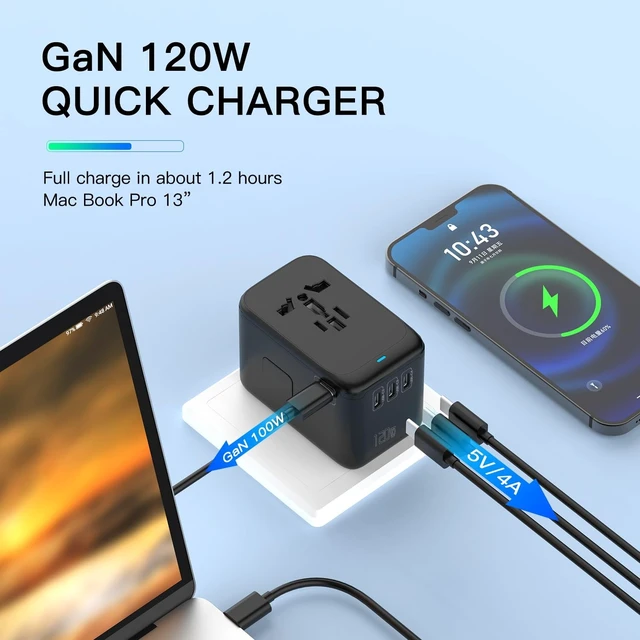 Alt view image 2 of 5 - 120W International Travel Adapter, 4USB-C & 1USB-A Worldwide Power Adapter, GaN Fast Charger with UK EU AU US Plugs, All-in-One International Converter for Tablets Phones