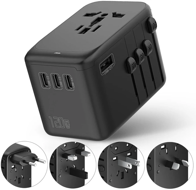 Main image of 120W International Travel Adapter, 4USB-C & 1USB-A Worldwide Power Adapter, GaN Fast Charger with UK EU AU US Plugs, All-in-One International Converter for Tablets Phones
