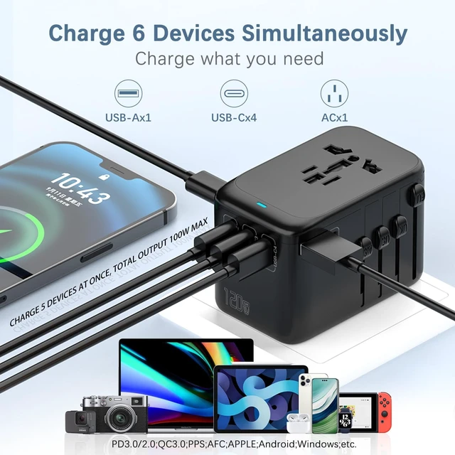 Alt view image 4 of 5 - 120W International Travel Adapter, 4USB-C & 1USB-A Worldwide Power Adapter, GaN Fast Charger with UK EU AU US Plugs, All-in-One International Converter for Tablets Phones