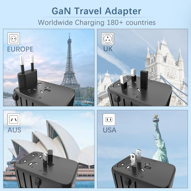 Alt view image 3 of 5 - 120W International Travel Adapter, 4USB-C & 1USB-A Worldwide Power Adapter, GaN Fast Charger with UK EU AU US Plugs, All-in-One International Converter for Tablets Phones